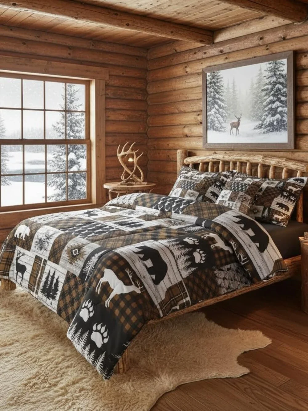 Brown Cabin King Size Comforter Set with Sheets Patchwork Rustic Bedding Set 7 P